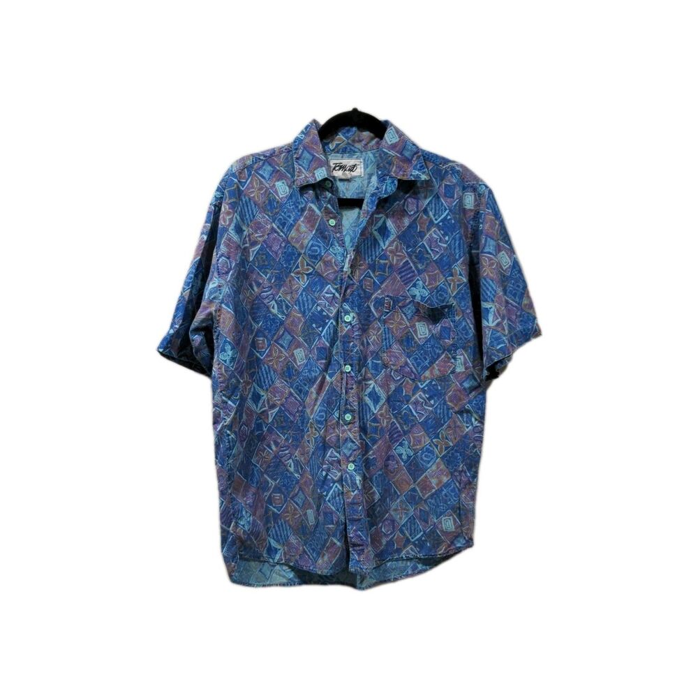 Vintage Tomato Mens SS Button Up Graphic Shirt Size L Blue Abstract Artsy 80s 90